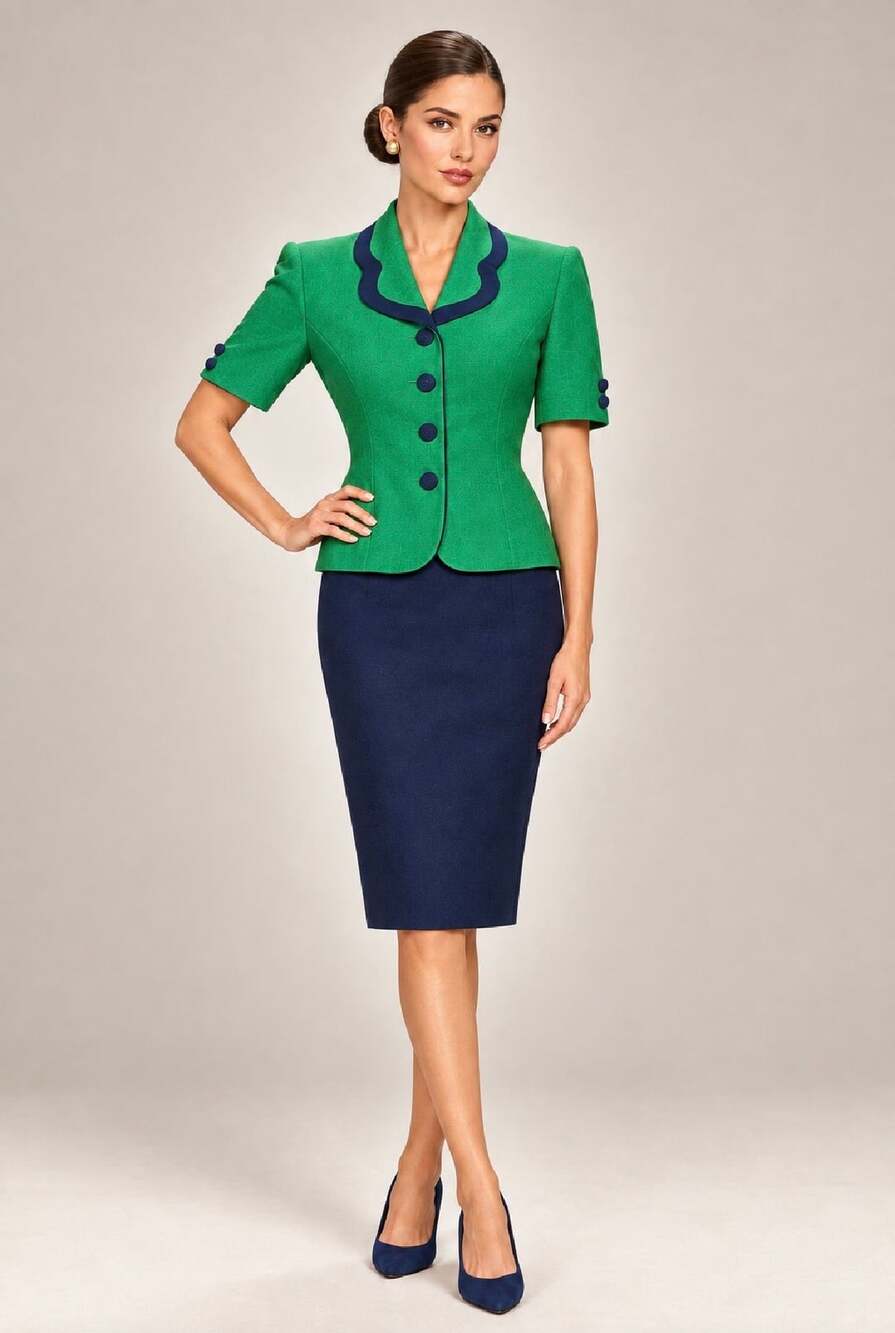 Vintage Karen Scott Petites Kelly Green & Navy Skirt Suit Set | Size 4P